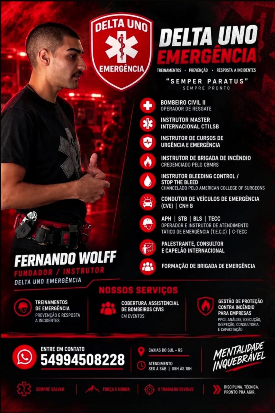 Flyer da Delta Uno Emergência com serviços, qualificações e contato